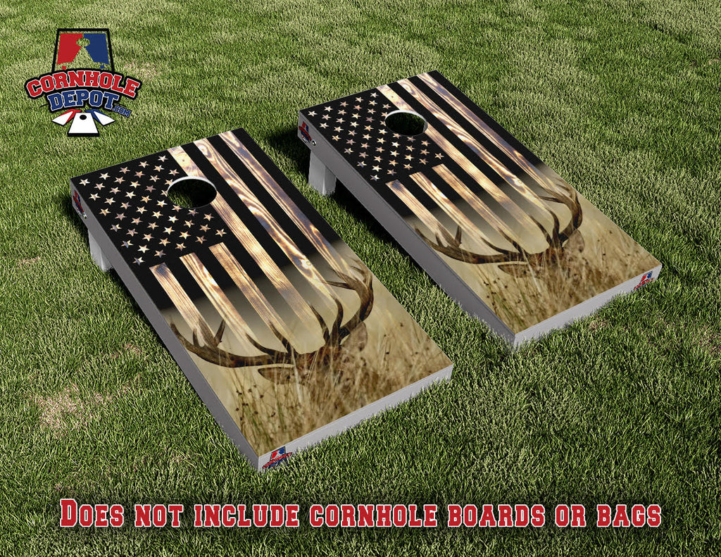 American Flag Red Deer Antlers Burn Wood Cornhole Board Vinyl Wrap Skins Laminated Sticker Set Decal