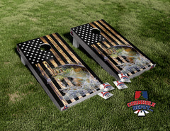 American Flag Seabass Burn Wood Cornhole Board Vinyl Wrap Skins Laminated Sticker Set Decal