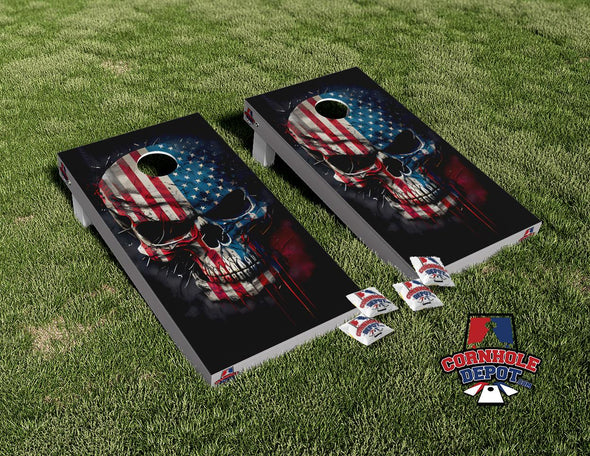 American Flag Skeleton Face Skull Patriotic Cornhole Board Vinyl Wrap Skins Laminated Decal Set