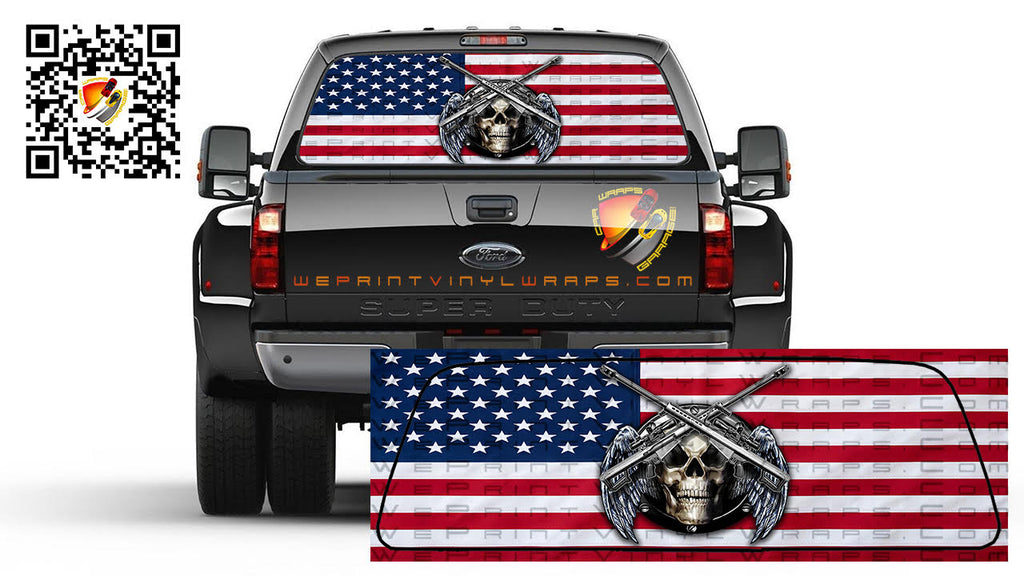 American Flag Skull Wings Rear Window Perforated Graphic Vinyl  Decal Trucks Cars Campers RV