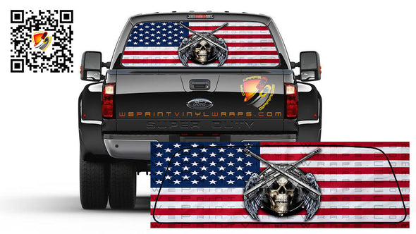 American Flag Skull Wings Rear Window Perforated Graphic Vinyl  Decal Trucks Cars Campers RV