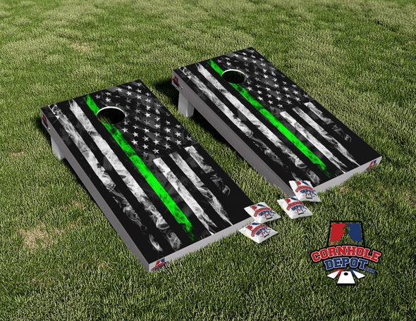 American Flag Smoky Black and White Thin Green Line Cornhole Board Vinyl Wrap Skins Laminated Sticker Set Decal