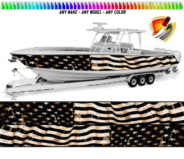 American Flag Tan and Black Patriotic Graphic Vinyl Boat Wrap Decal Fishing Bass Pontoon Sportsman Tenders Console Bowriders Deck Boat Watercraft etc.. Boat Wrap Decal