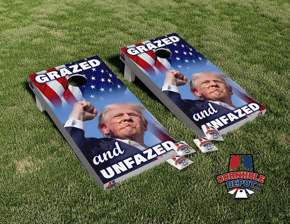 American Flag Trump Grazed and Unfazed Cornhole Board Vinyl Wrap Skins Laminated Sticker Set Decal