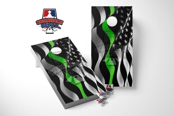 American Flag Wavy Black and White Thin Green Line Cornhole Board Vinyl Wrap Skins  Laminated Sticker Set Decal