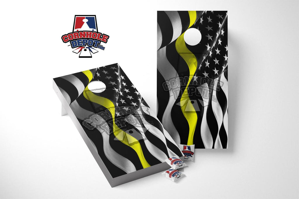 American Flag Wavy Black and White Thin Yellow Line Cornhole Board Vinyl Wrap Skins  Laminated Sticker Set Decal