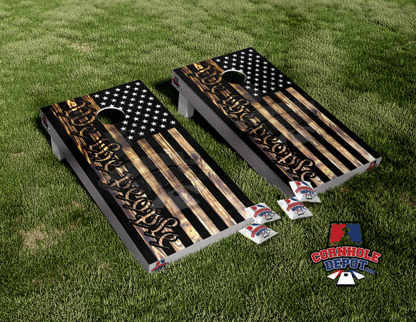 American Flag We The People Dark Burn Washed Wood Cornhole Board Vinyl Wrap Laminated Sticker Set Decal