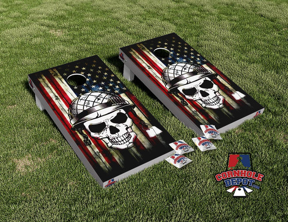 American Flag White Skeleton Face Skull Patriotic Cornhole Board Vinyl Wrap Skins Laminated Decal Set