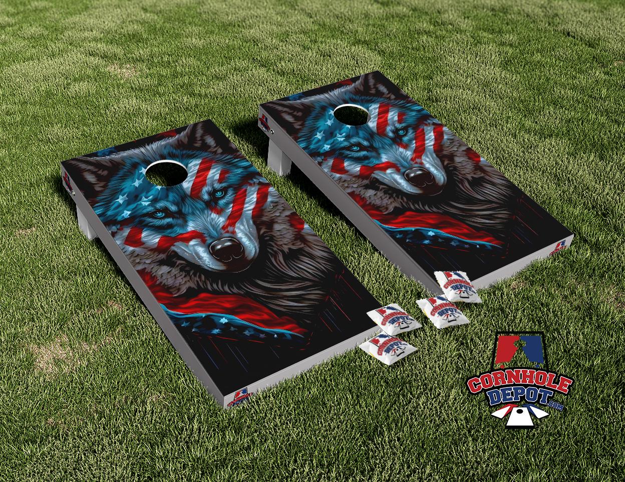 American Flag Wolf Cornhole Board Vinyl Wrap Skins Laminated Sticker S ...