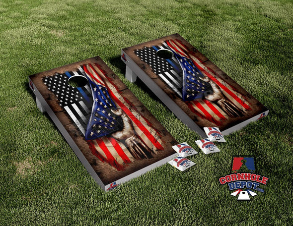 American & Black and White Thin Blue Line Flag Cornhole Board Vinyl Wrap Skins Laminated Sticker Set Decal