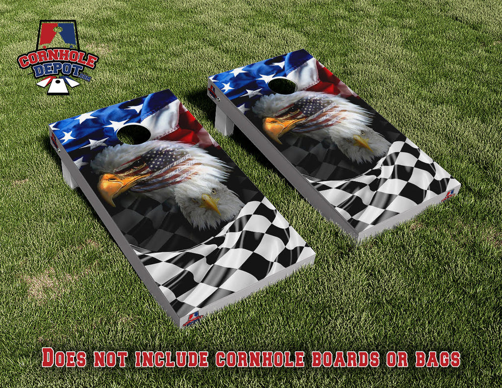 American and Checkered Flag Eagle Cornhole Board Vinyl Wrap Skins Laminated Sticker Set Decal