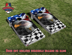 American and Checkered Flag Eagle Cornhole Board Vinyl Wrap Skins Laminated Sticker Set Decal