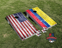 American and Colombian Flag Cornhole Board Vinyl Wrap Laminated Sticker Set Decal