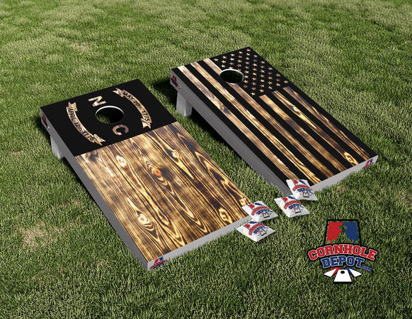 American and North Carolina Flag Dark Wood Cornhole Board Vinyl Wrap Skins Laminated Sticker Set Decal