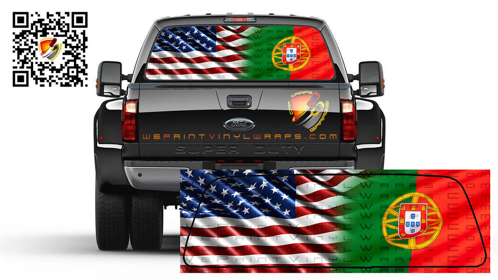 American and Portugal Flag Rear Window Perforated Graphic Decal Sticker Trucks Cars Campers