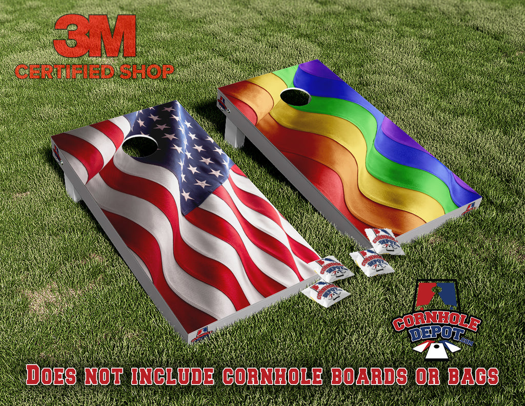 American and Rainbow Flag Cornhole Board Vinyl Wrap Skin Laminated Sticker Set Decal