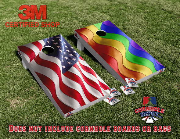 American and Rainbow Flag Cornhole Board Vinyl Wrap Skin Laminated Sticker Set Decal