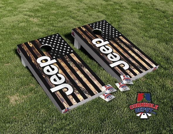 American Flag Jeep Tire Marks Dark Wood Cornhole Board Vinyl Wrap Skins Laminated Sticker Set Decal