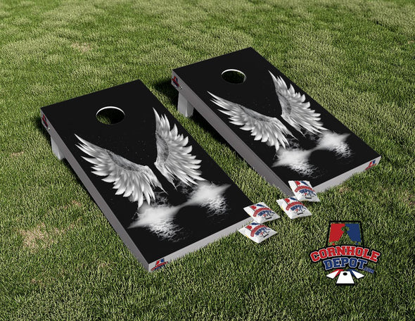 Angel Wings Black Background Cornhole Board Vinyl Wrap Skins Laminated Decal Set