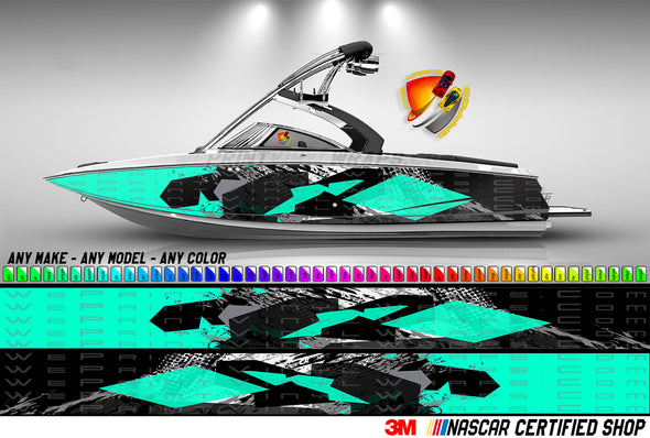 Boat Wrap Black Green Gray Vinyl Graphic Decal Kit Fishing Abstract Curved  Lines
