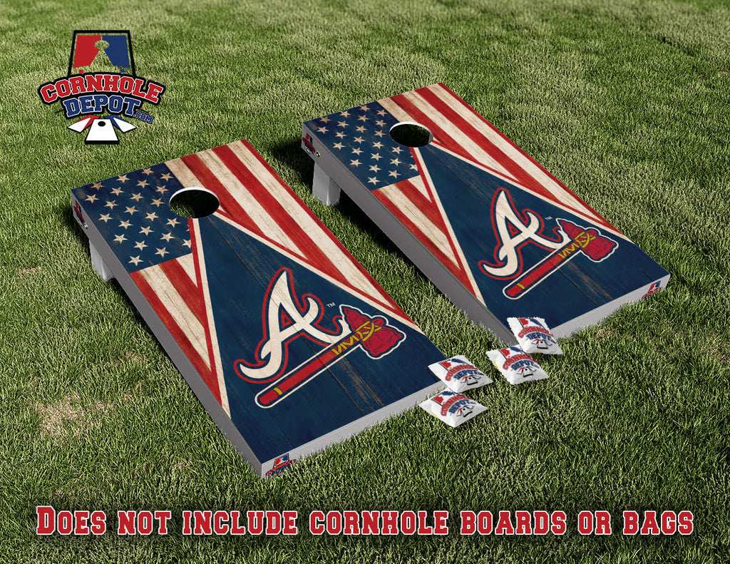 Atlanta Braves American Flag Cornhole Board Vinyl Wrap Skins Laminated Sticker Set Decal