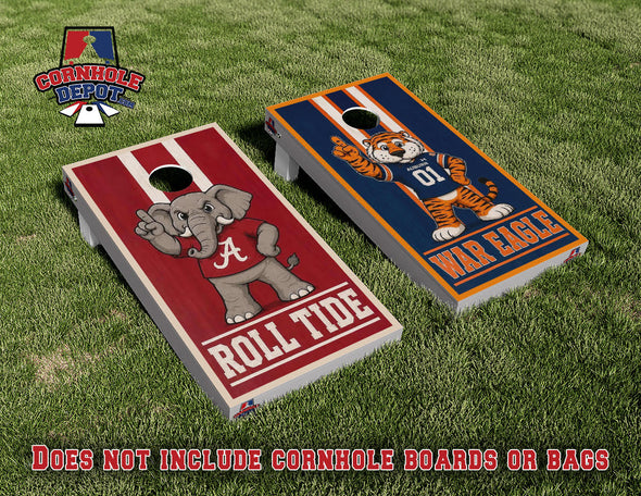 Auburn Tigers War Eagle and Alabama Roll Tide Split Set Cornhole Board Vinyl Wrap Skins Laminated Sticker Set Decal