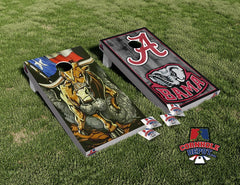 Texas Longhorn and Alabama Split Set Cornhole Board Vinyl Wrap Skins Laminated Sticker  Decal Set