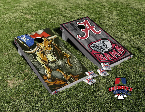 Texas Longhorn and Alabama Split Set Cornhole Board Vinyl Wrap Skins Laminated Sticker  Decal Set