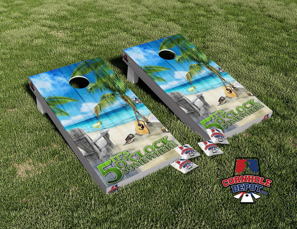 Beach Tropical It's 5 O'clock Somewhere Cornhole Board Vinyl Wrap Skins Laminated Sticker Set Decal