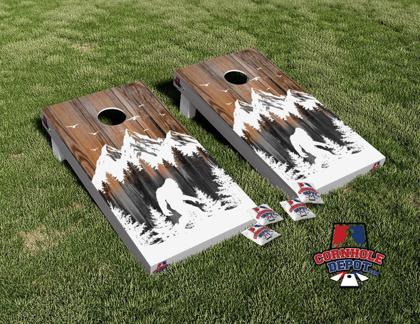 Bigfoot Sasquatch Mountains Cornhole Board Vinyl Wrap Skins Laminated Sticker Set Decal