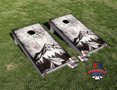 Mountain Campsite Compass Black & White Cornhole Board Vinyl Wrap Skins Laminated Sticker Set Decal