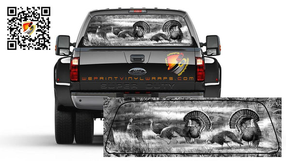 Black and White Hunting Turkey Gobbler Rear Window Perforated Graphic Decal Sticker Trucks Campers Cars SUV