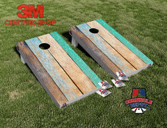 Blue Beach Washed Wood Cornhole Board Vinyl Wrap Skins Laminated Sticker Set
