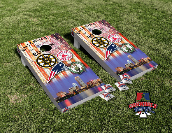 Bruins Boston Skyline American Flag Mashup Light Board Cornhole Board Vinyl Wrap Skins Laminated Sticker Set Decal