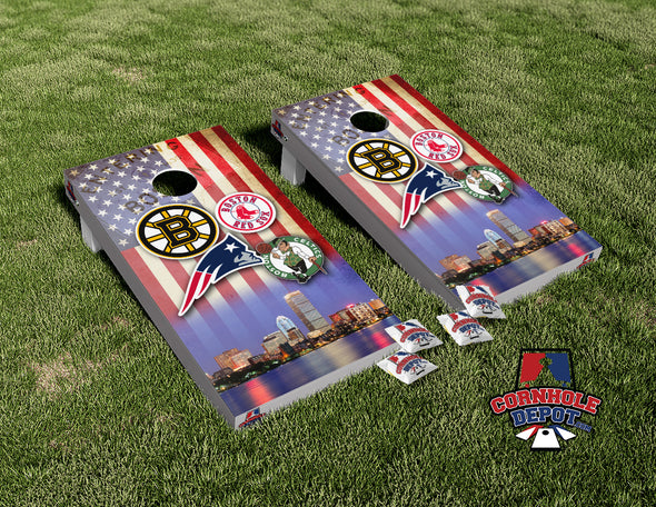 American Flag Boston Teams Skyline  Cornhole Board Vinyl Wrap Skins  Laminated Sticker Set Decal