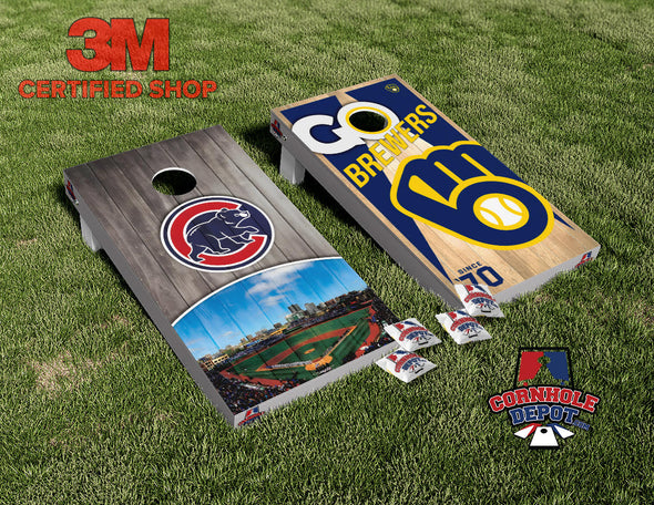Brewers  Milwaukee and Chicago Cubs  Split Set Cornhole  Board Vinyl Wrap Skins Laminated Sticker Set Decal