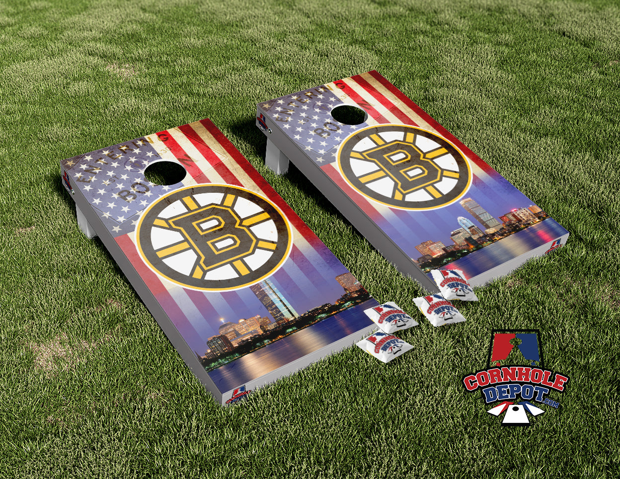 Bruins Boston Skyline American Flag Cornhole Board Vinyl Wrap Skins La ...