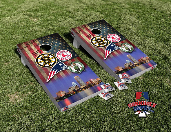 Bruins Boston Skyline American Flag Mashup Cornhole Board Vinyl Wrap Skins Laminated Sticker Set Decal