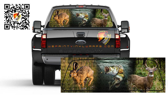 Bunny Sea Bass and Deer Hunting Rear Window Perforated Graphic Decal Truck Campers Cars