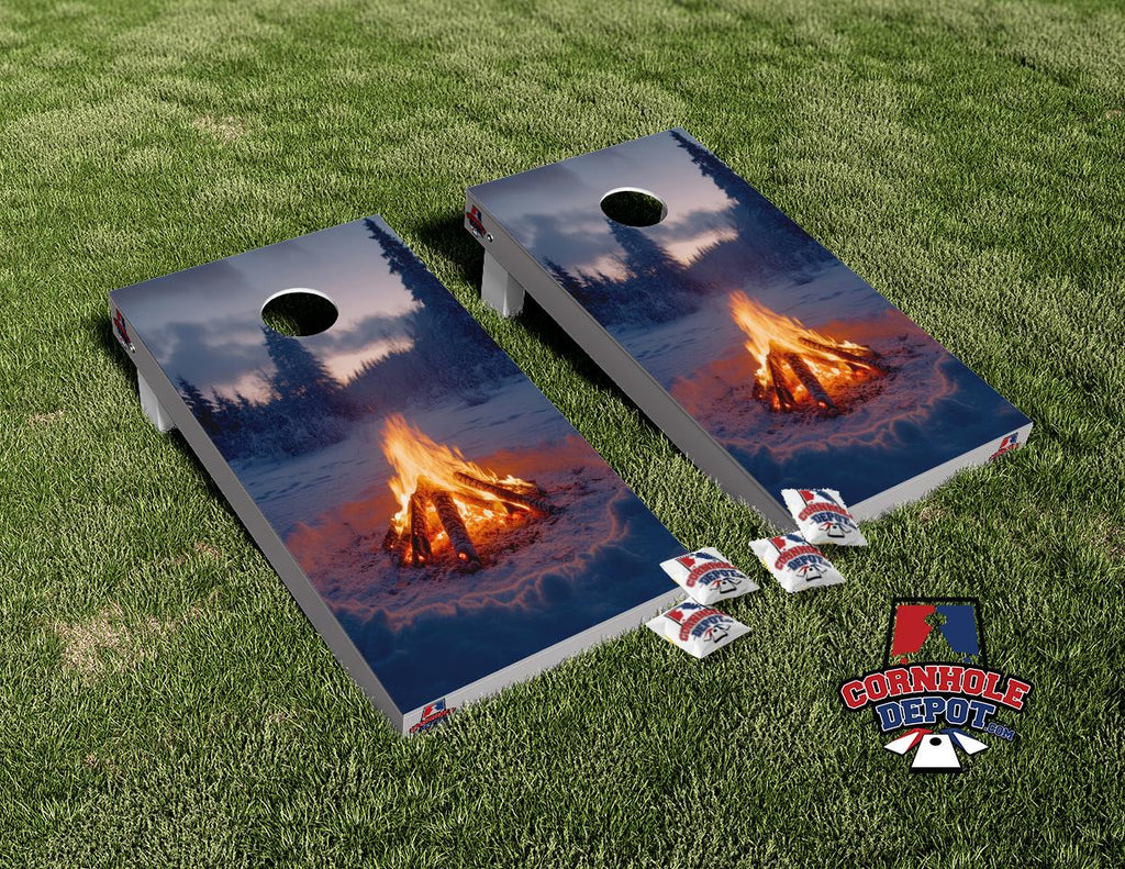 Campfire Snowy Cornhole Board Vinyl Wrap Skins Laminated Sticker Set Decal