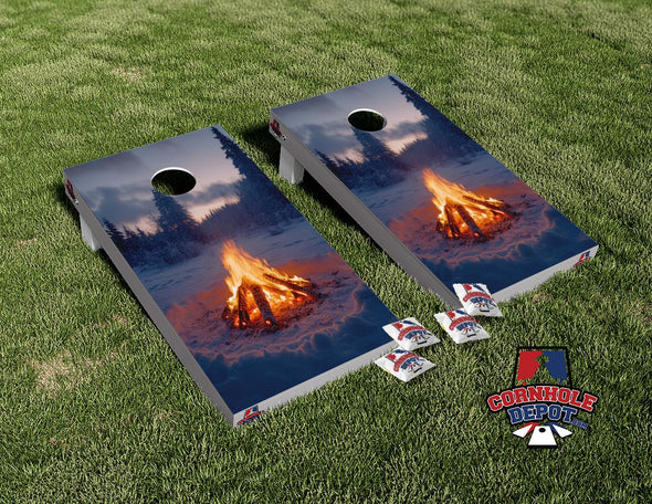 Campfire Snowy Cornhole Board Vinyl Wrap Skins Laminated Sticker Set Decal