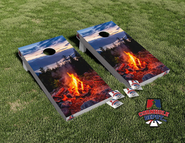 Campfire Sunrise Lake Cornhole Board Vinyl Wrap Skins Laminated Sticker Set Decal