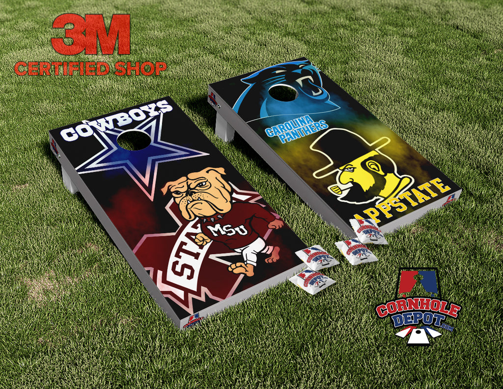 Carolina Panthers, Appstate, Cowboys and MSU Mashup House Divided Cornhole Board Vinyl Wrap Skins Laminated Sticker Set Decal