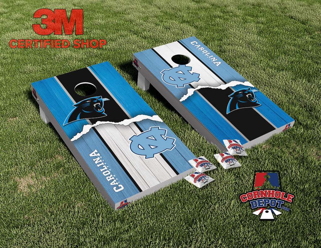 Carolina Panthers and Tar Heels House Divided Cornhole Board Vinyl Wrap Skins Laminated Sticker Set Decal