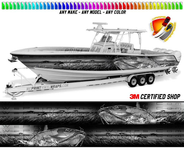 Catfish Freshwater Black Gray and White Graphic Boat Vinyl Wrap Fishing Pontoon Sea Doo Water Sports Watercraft etc.. Boat Wrap Decal
