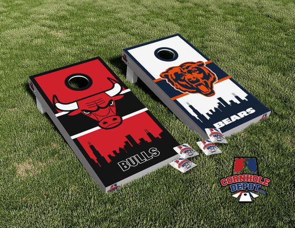 Chicago Bulls and Bears Split Set  Cornhole Board Vinyl Wrap Skins Laminated Sticker Set Decal