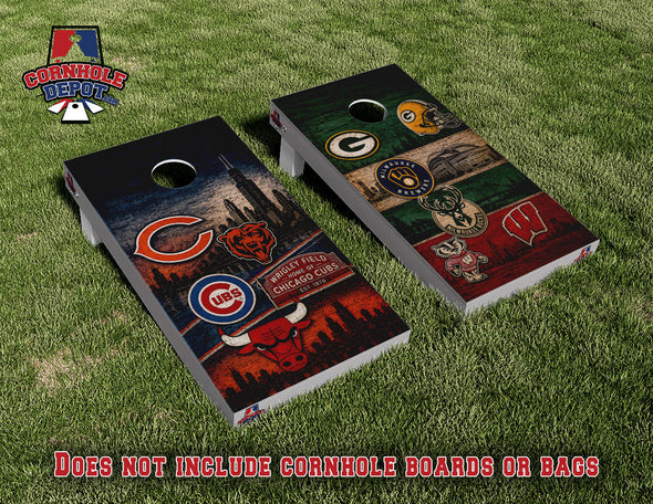 Chicago Cubs and Wisconsin Mash Up Cornhole Board Vinyl Wrap Skins Laminated Sticker Set Decal