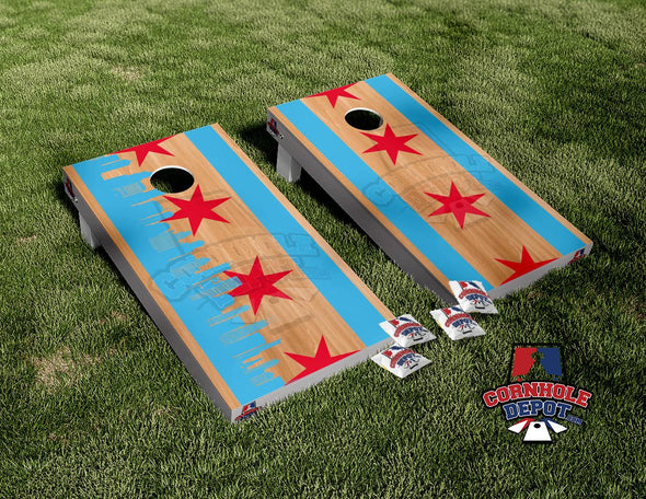 Chicago Flag Skyline Wood Cornhole Board Vinyl Wrap Skins Laminated Sticker Set Decal
