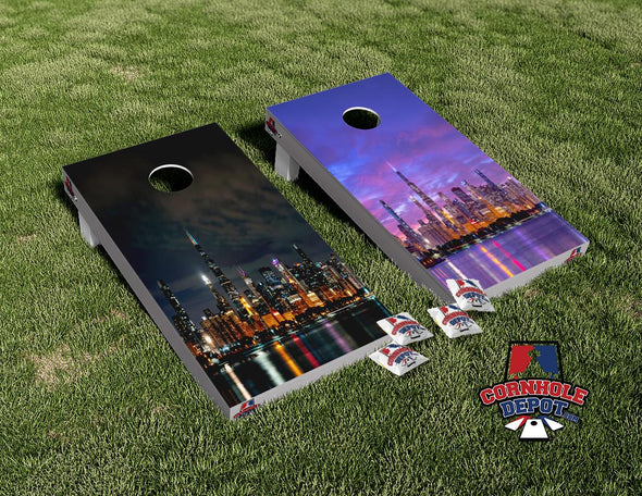 Chicago Skyline Day/Night Cornhole Board Vinyl Wrap Skin Laminated Sticker Set Decal