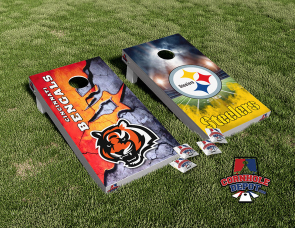 Cincinnati Bengals Tiger and Steelers Split Set Cornhole Board Vinyl Wrap Skins Laminated Sticker Set Decal